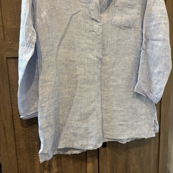 French Curve Linen shirt dress Small Tunic Cover up Blue Long Roll Tab Sleeves - Picture 6 of 12